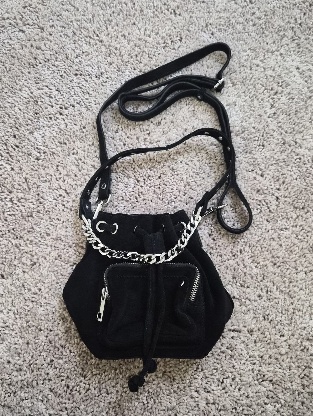 Nunoo Mini Chain Strap Gina Black Suede Drawstring Bag
